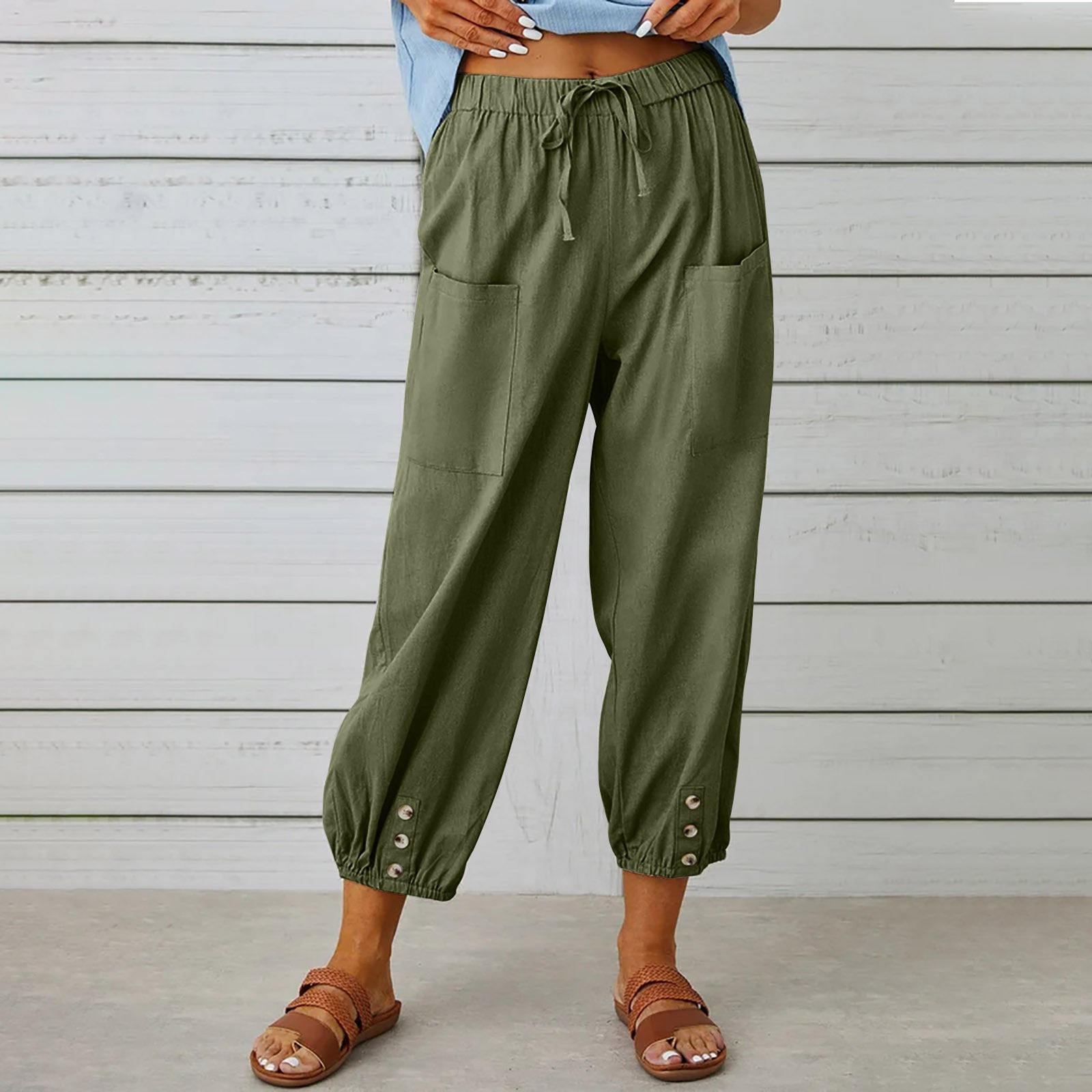 Women's High Waist Cropped Trousers - Cotton Linen Blend, Loose Casual Fit for Summer Green