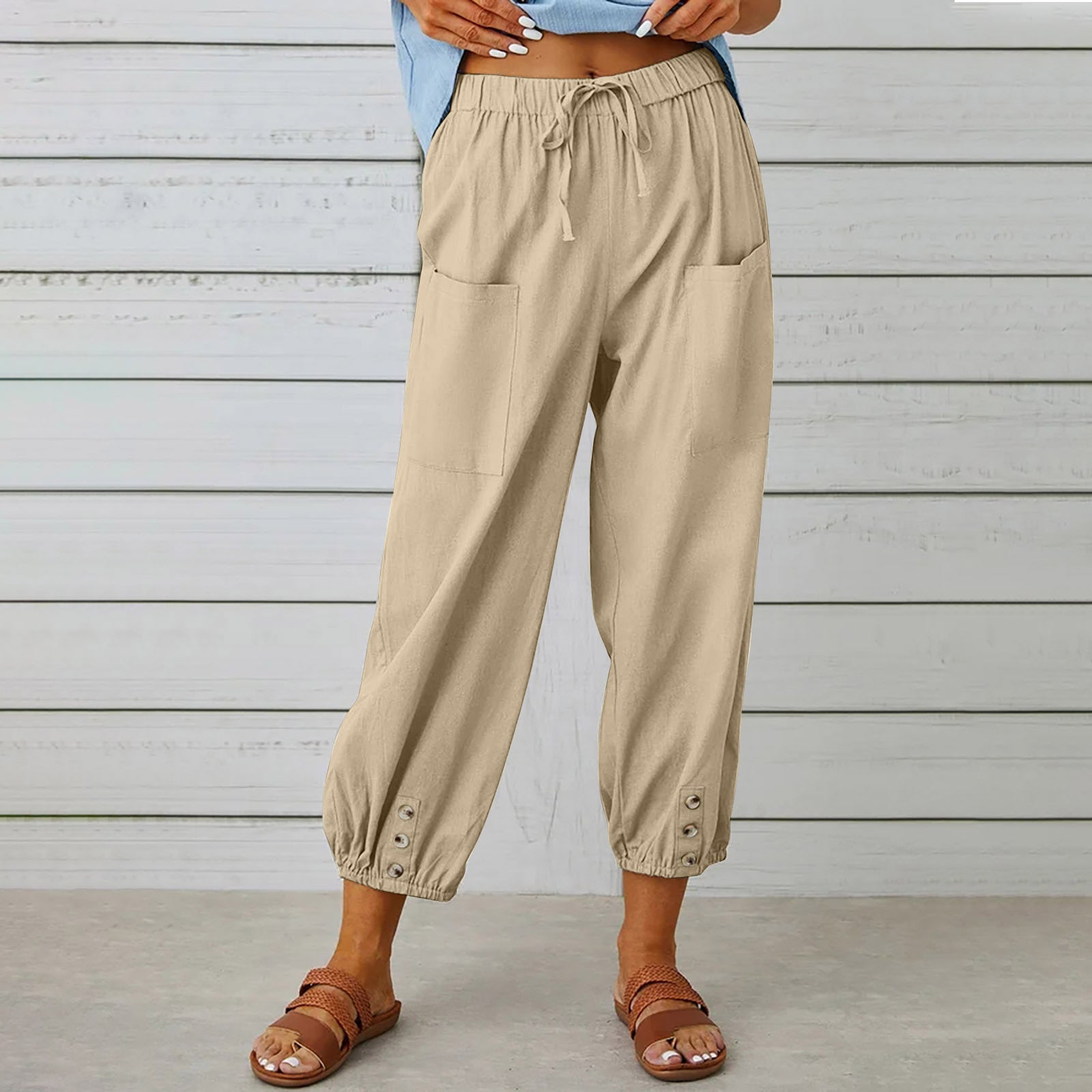Women's High Waist Cropped Trousers - Cotton Linen Blend, Loose Casual Fit for Summer Khaki