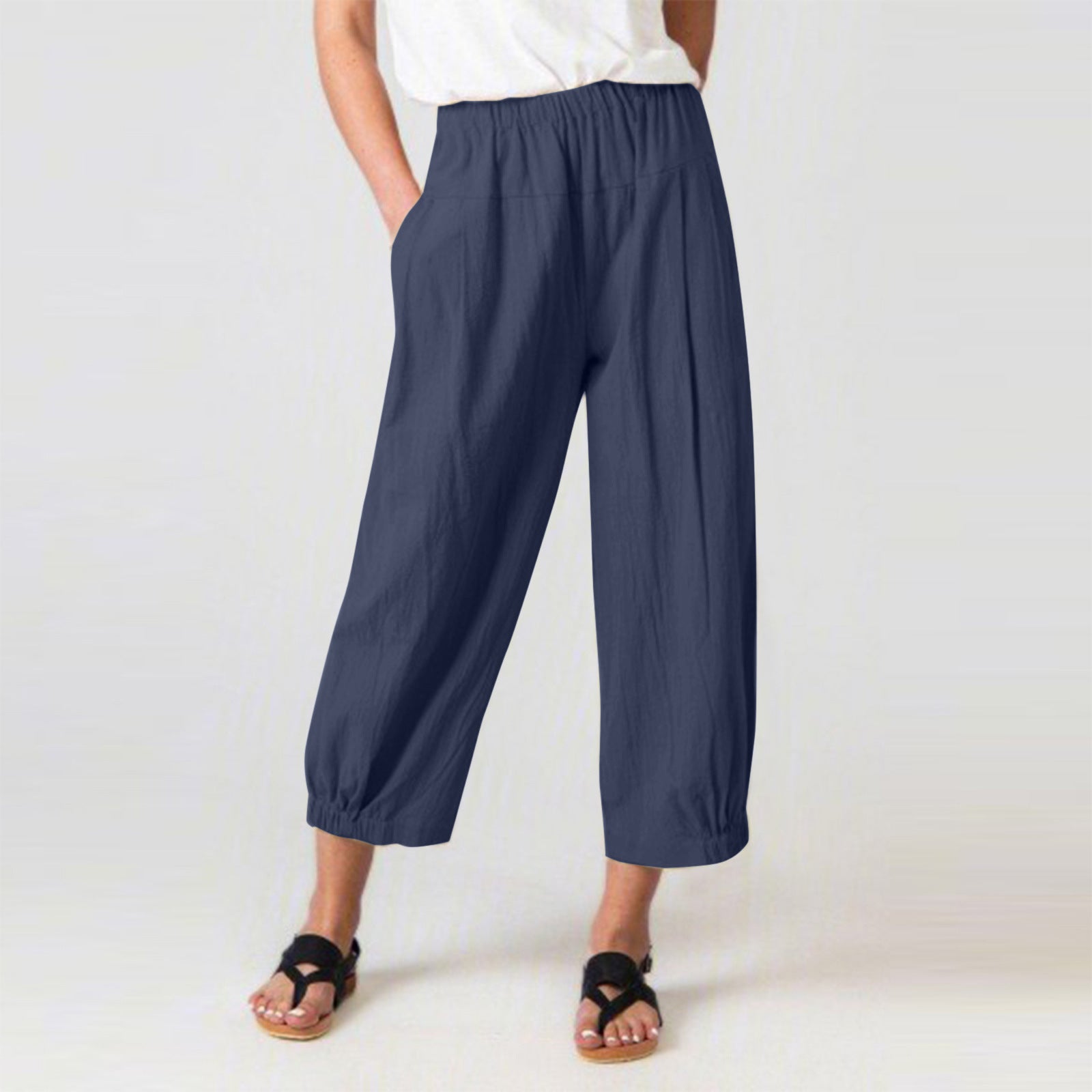 Women's High Waist Harem Pants – Cotton Linen Blend, Cropped Fit, Pockets | Casual Classic Wear for Summer Navy
