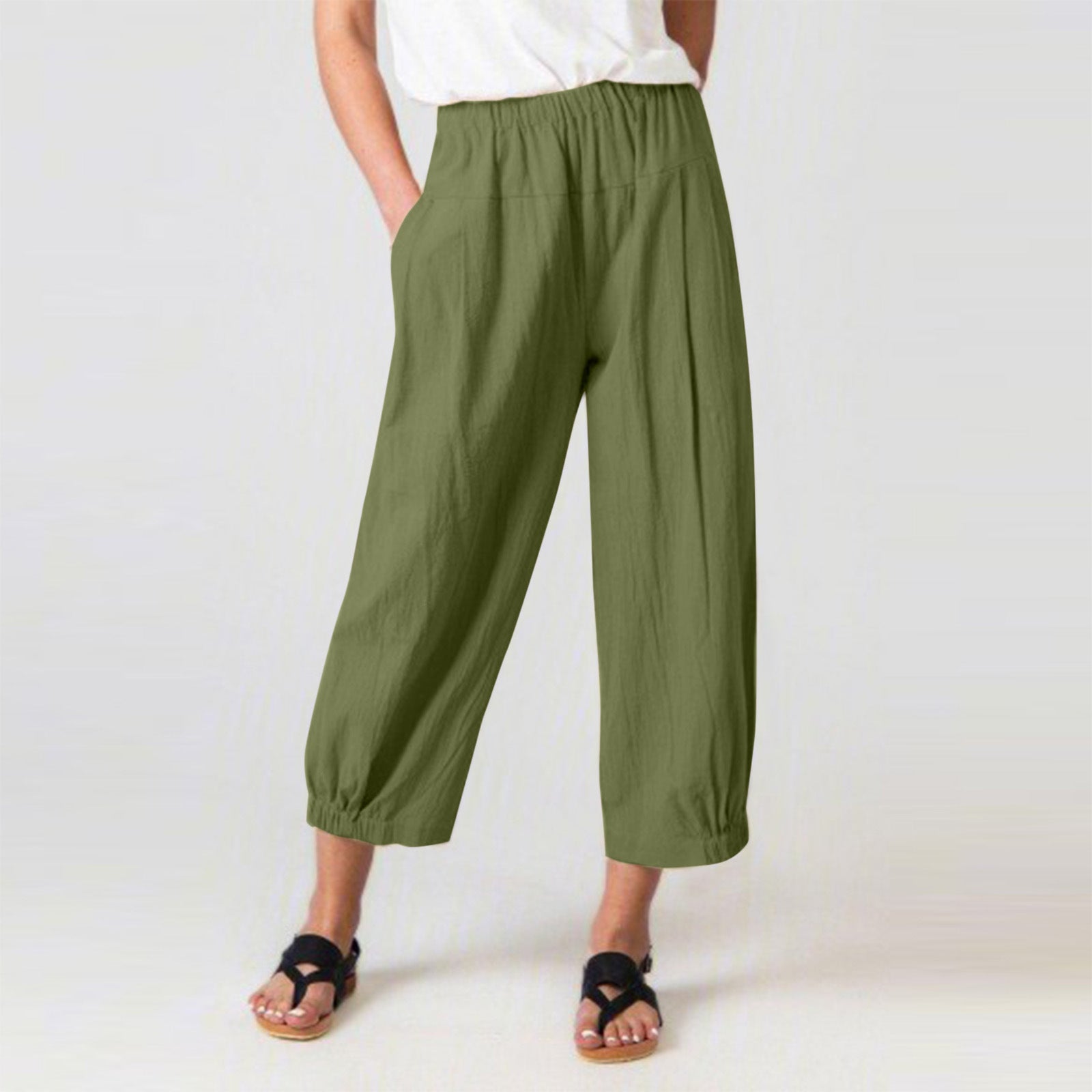Women's High Waist Harem Pants – Cotton Linen Blend, Cropped Fit, Pockets | Casual Classic Wear for Summer Green