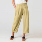 Women's High Waist Harem Pants – Cotton Linen Blend, Cropped Fit, Pockets | Casual Classic Wear for Summer Khaki