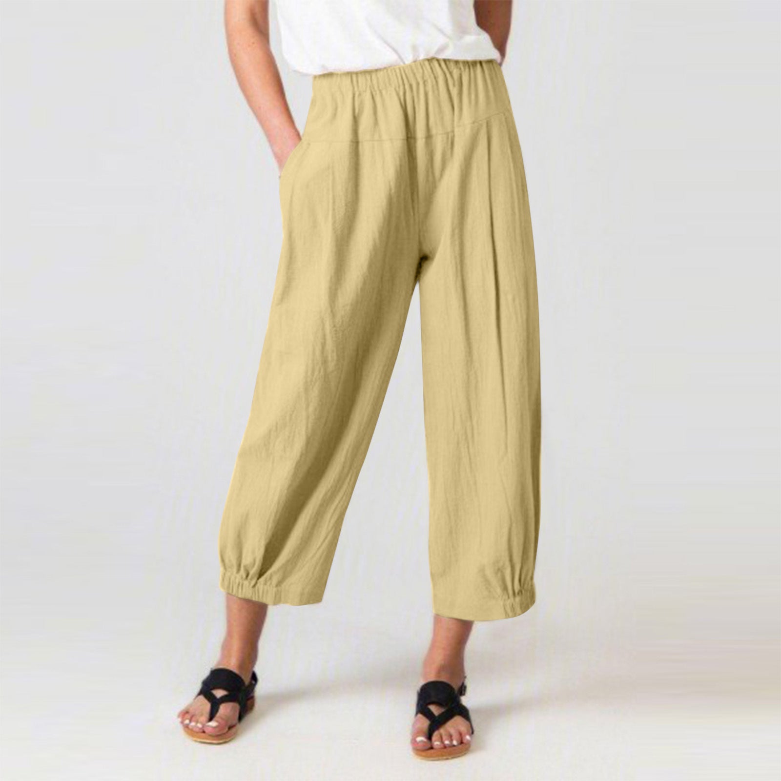Women's High Waist Harem Pants – Cotton Linen Blend, Cropped Fit, Pockets | Casual Classic Wear for Summer Khaki