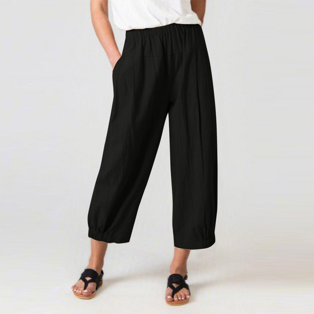 Women's High Waist Harem Pants – Cotton Linen Blend, Cropped Fit, Pockets | Casual Classic Wear for Summer Black