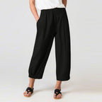 Women's High Waist Harem Pants – Cotton Linen Blend, Cropped Fit, Pockets | Casual Classic Wear for Summer Black