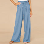 Women's High Waist Wide-Leg Trousers - Cotton Linen Blend, Tie Belt Light Blue