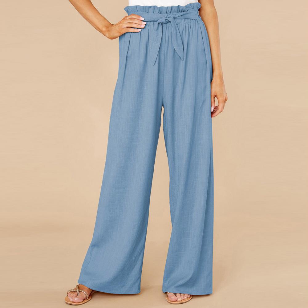 Women's High Waist Wide-Leg Trousers - Cotton Linen Blend, Tie Belt Light Blue