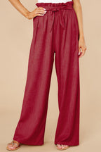 Women's High Waist Wide-Leg Trousers - Cotton Linen Blend, Tie Belt Red
