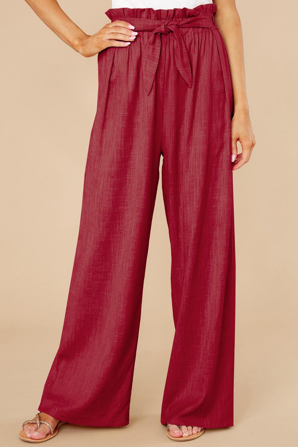 Women's High Waist Wide-Leg Trousers - Cotton Linen Blend, Tie Belt Red
