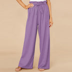 Women's High Waist Wide-Leg Trousers - Cotton Linen Blend, Tie Belt Purple