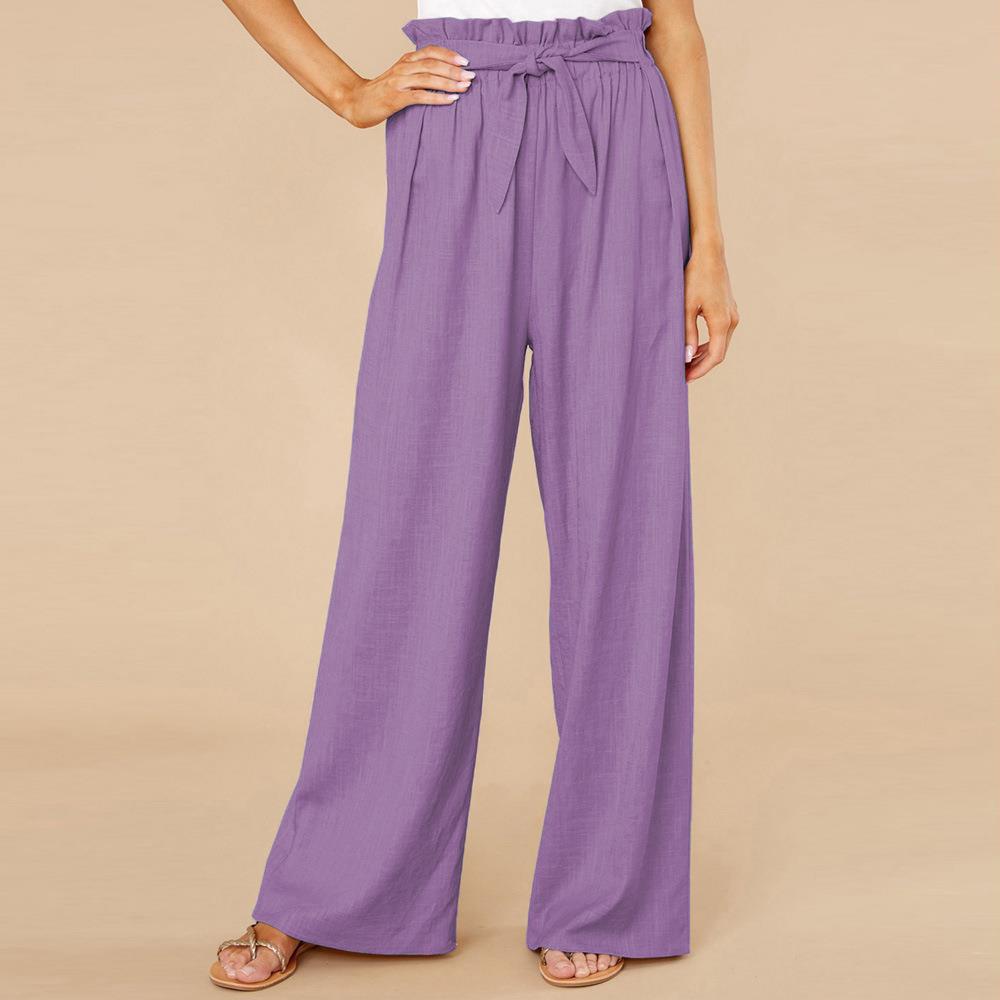 Women's High Waist Wide-Leg Trousers - Cotton Linen Blend, Tie Belt Purple