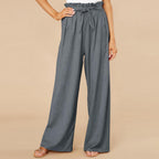 Women's High Waist Wide-Leg Trousers - Cotton Linen Blend, Tie Belt Grey