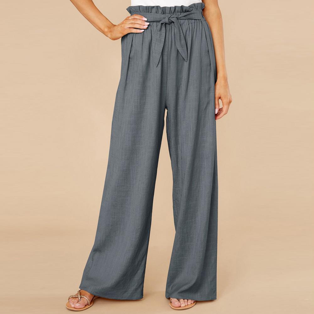 Women's High Waist Wide-Leg Trousers - Cotton Linen Blend, Tie Belt Grey