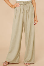 Women's High Waist Wide-Leg Trousers - Cotton Linen Blend, Tie Belt Khaki