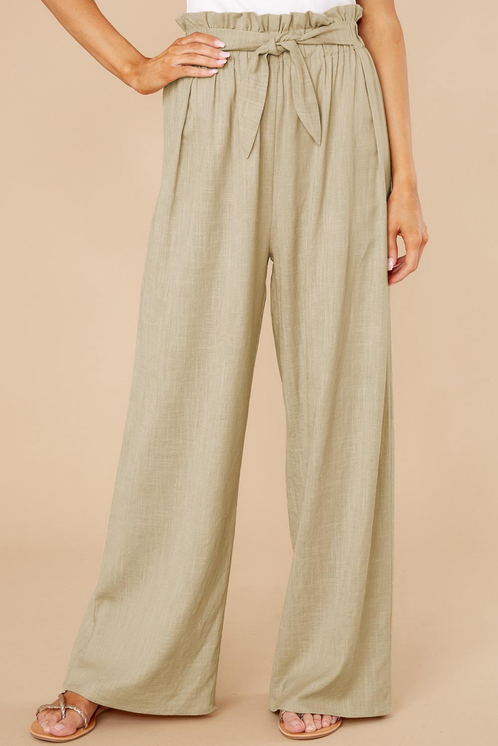 Women's High Waist Wide-Leg Trousers - Cotton Linen Blend, Tie Belt Khaki