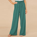 Women's High Waist Wide-Leg Trousers - Cotton Linen Blend, Tie Belt Green