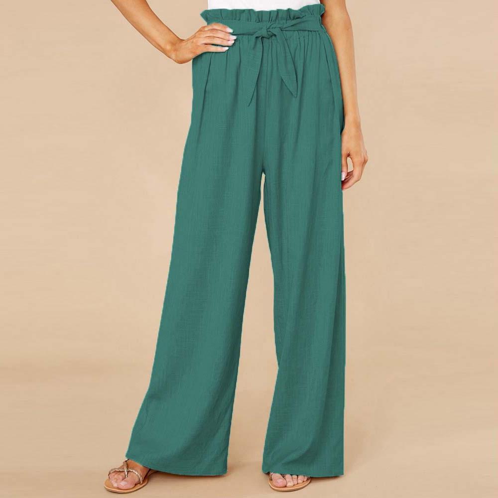 Women's High Waist Wide-Leg Trousers - Cotton Linen Blend, Tie Belt Green