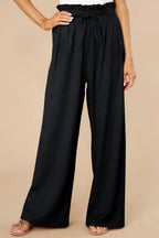 Women's High Waist Wide-Leg Trousers - Cotton Linen Blend, Tie Belt Black
