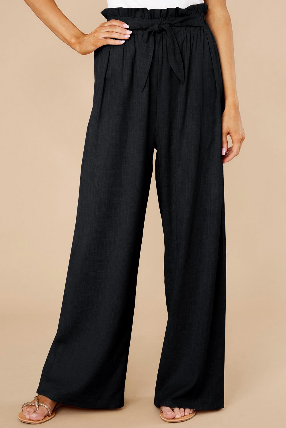 Women's High Waist Wide-Leg Trousers - Cotton Linen Blend, Tie Belt Black