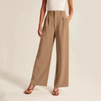 Women's High Waisted Wide Leg Trousers - Pleated Linen Feel Full Length Smart Casual Khaki
