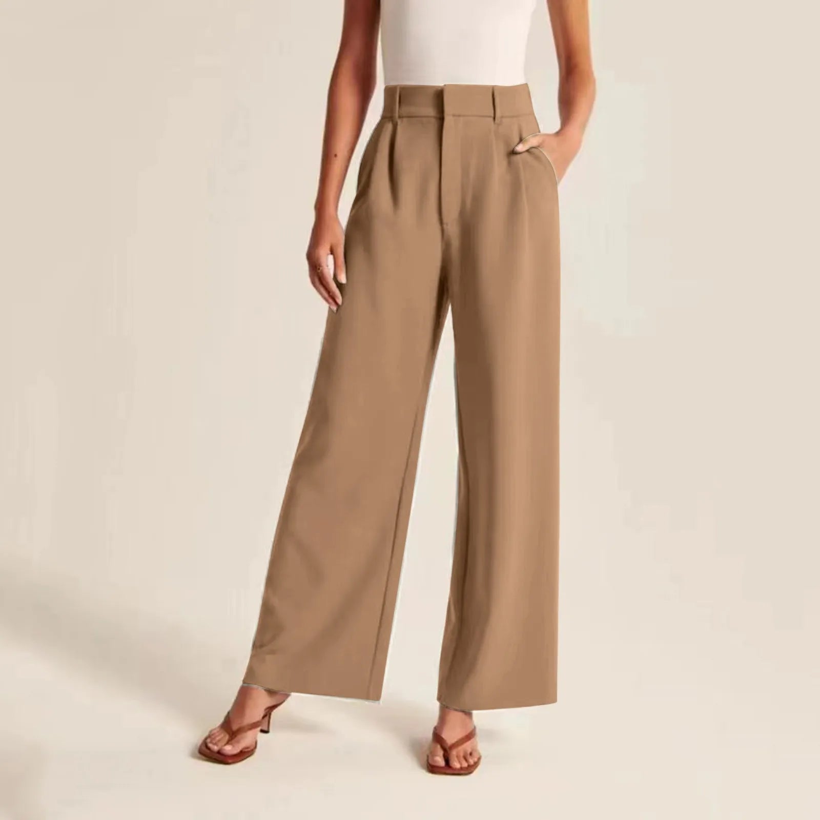 Women's High Waisted Wide Leg Trousers - Pleated Linen Feel Full Length Smart Casual Khaki