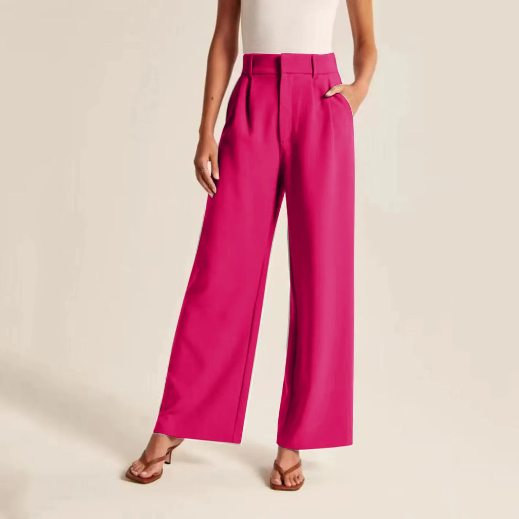 Women's High Waisted Wide Leg Trousers - Pleated Linen Feel Full Length Smart Casual Pink