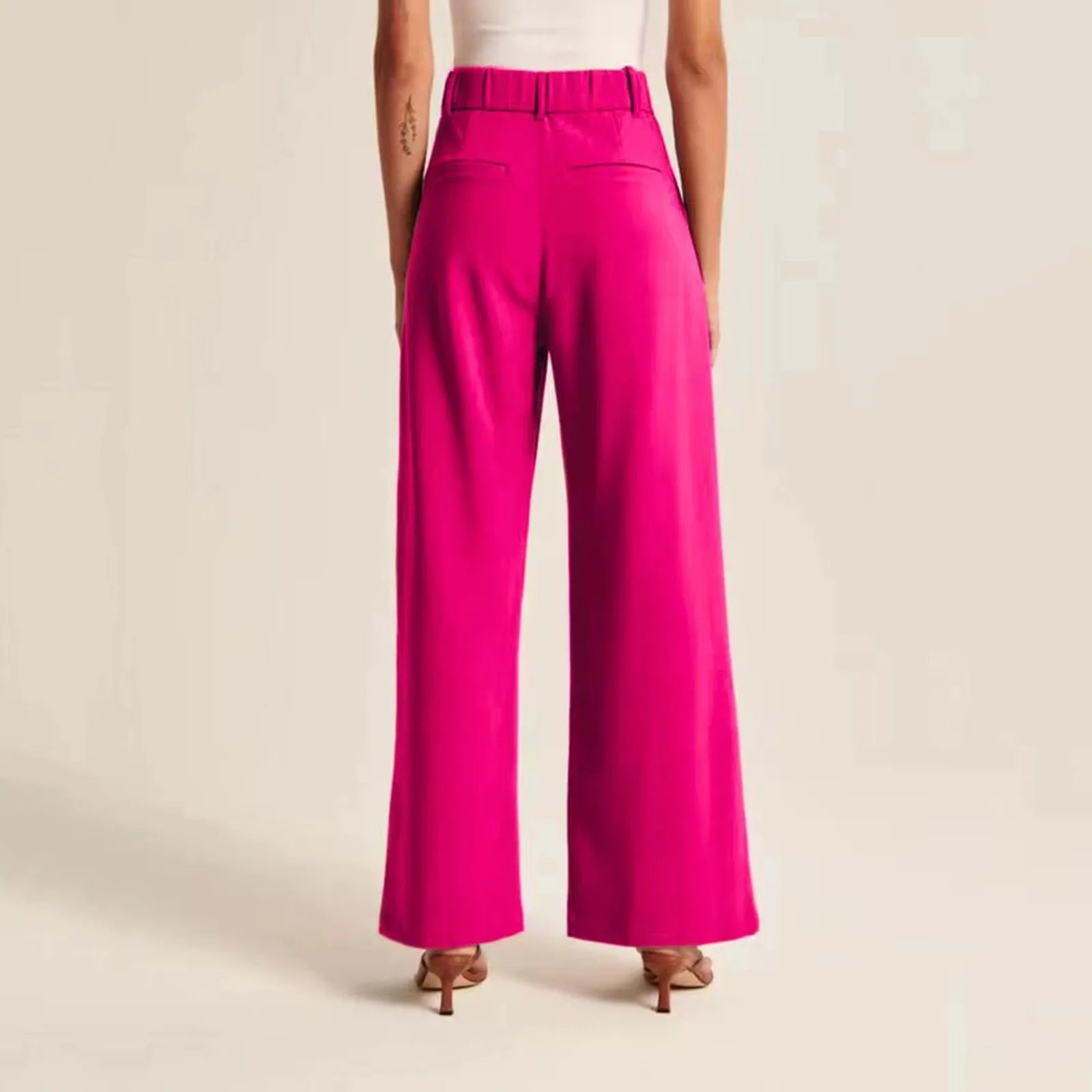 Women's High Waisted Wide Leg Trousers - Pleated Linen Feel Full Length Smart Casual