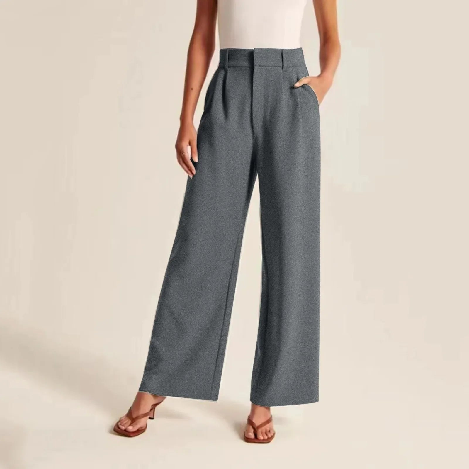 Women's High Waisted Wide Leg Trousers - Pleated Linen Feel Full Length Smart Casual Grey