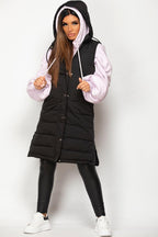 Women's Hooded Gilet - Padded Longline Puffer Jacket Vest with Side Zip, Stylish & Cosy | Black