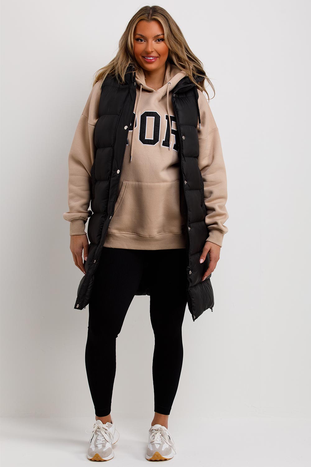 Women's Hooded Gilet - Padded Longline Puffer Jacket Vest with Side Zip, Stylish & Cosy | Black