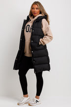 Women's Hooded Gilet - Padded Longline Puffer Jacket Vest with Side Zip, Stylish & Cosy | Black