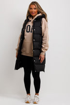 Women's Hooded Gilet - Padded Longline Puffer Jacket Vest with Side Zip, Stylish & Cosy | Black