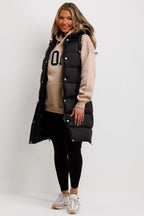 Women's Hooded Gilet - Padded Longline Puffer Jacket Vest with Side Zip, Stylish & Cosy | Black