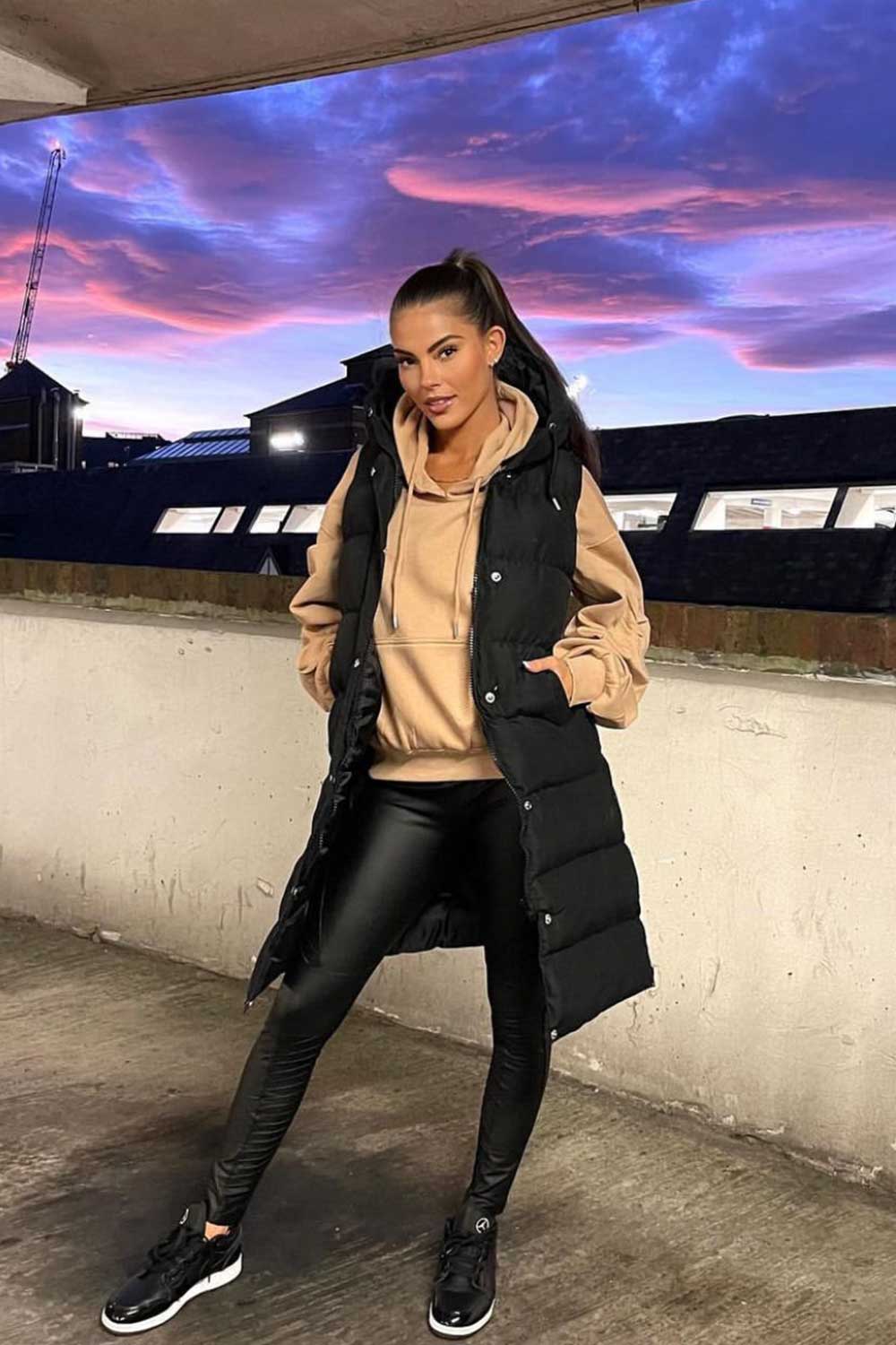 Women's Hooded Gilet - Padded Longline Puffer Jacket Vest with Side Zip, Stylish & Cosy | Black