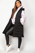 Women's Hooded Gilet - Padded Longline Puffer Jacket Vest with Side Zip, Stylish & Cosy | Black