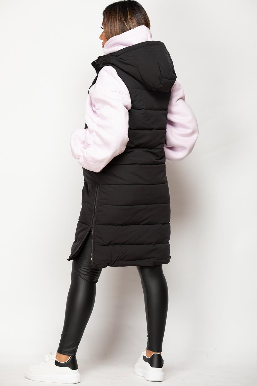 Women's Hooded Gilet - Padded Longline Puffer Jacket Vest with Side Zip, Stylish & Cosy | Black