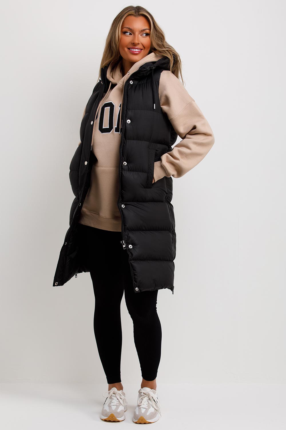 Women's Hooded Gilet - Padded Longline Puffer Jacket Vest with Side Zip, Stylish & Cosy | Black