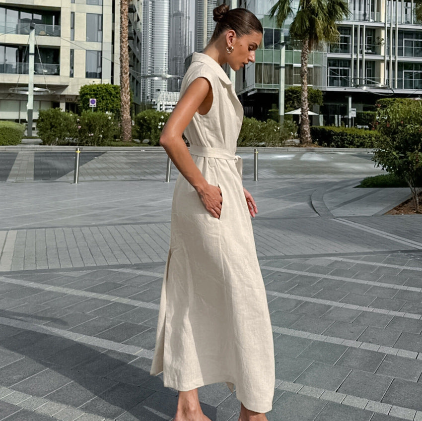 Women’s Linen Shirt Maxi Dress – Sleeveless Collared with Tie Waist & Front Slit
