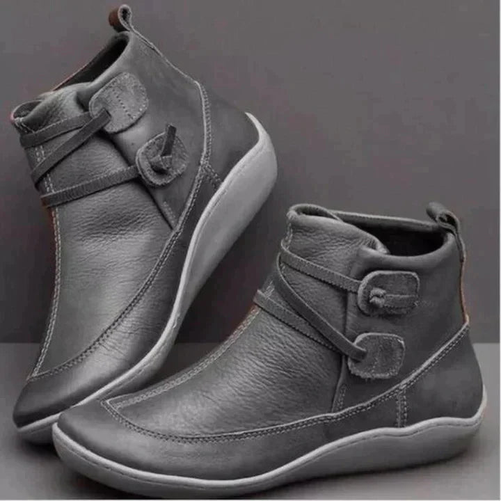 Orthopaedic Women's Leather Mid-Top Boots with Supportive Buckle Strap Grey