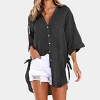 Women's Lightweight Cotton/Linen Oversized Button-Up Shirt - Relaxed Fit Black