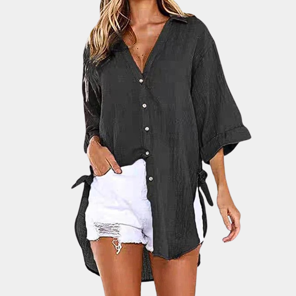 Women's Lightweight Cotton/Linen Oversized Button-Up Shirt - Relaxed Fit Black