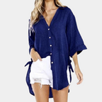 Women's Lightweight Cotton/Linen Oversized Button-Up Shirt - Relaxed Fit Navy