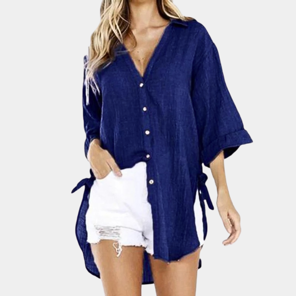 Women's Lightweight Cotton/Linen Oversized Button-Up Shirt - Relaxed Fit Navy
