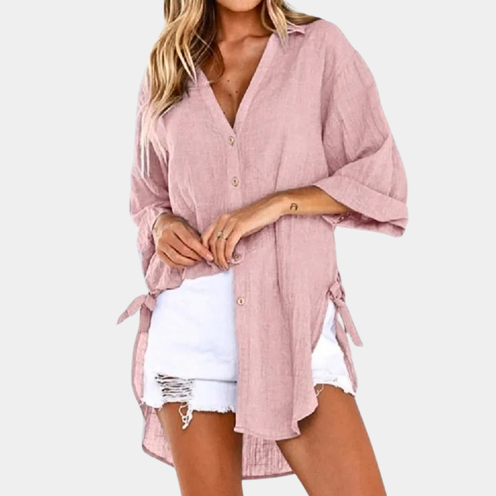 Women's Lightweight Cotton/Linen Oversized Button-Up Shirt - Relaxed Fit Pink