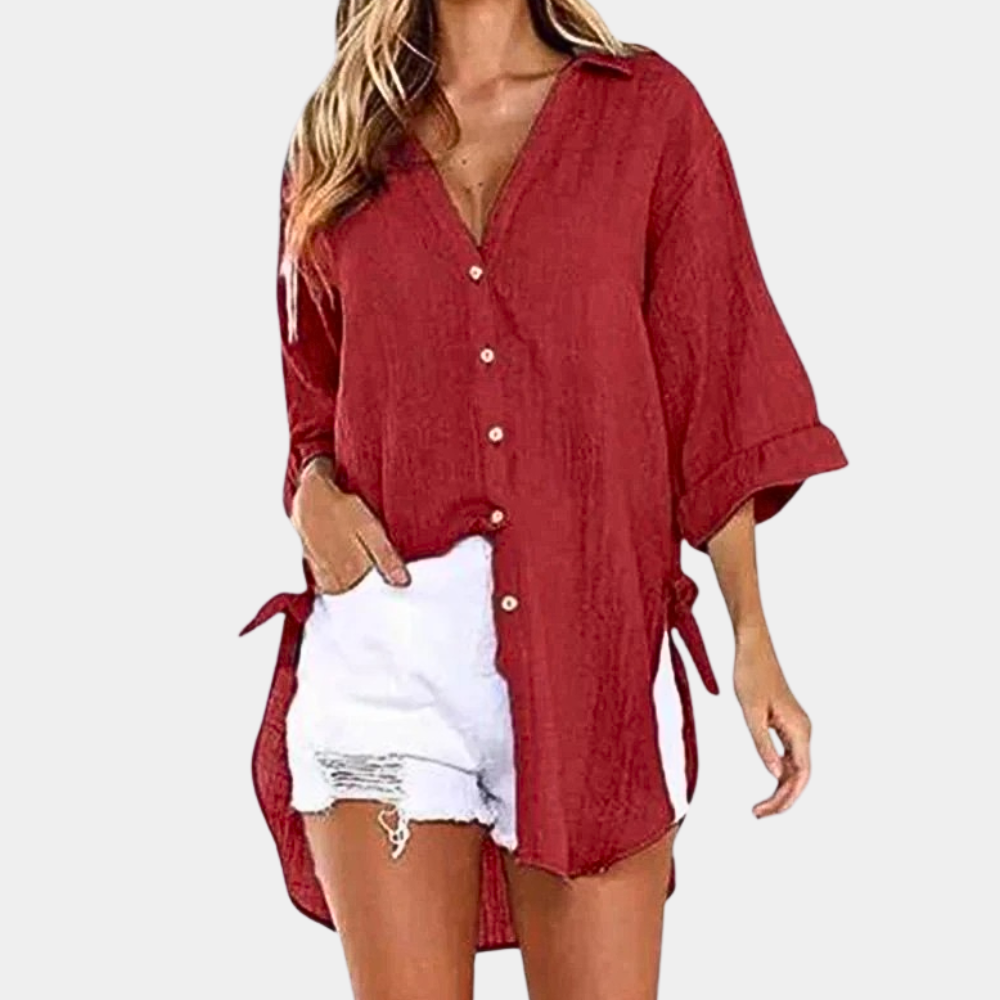 Women's Lightweight Cotton/Linen Oversized Button-Up Shirt - Relaxed Fit Red
