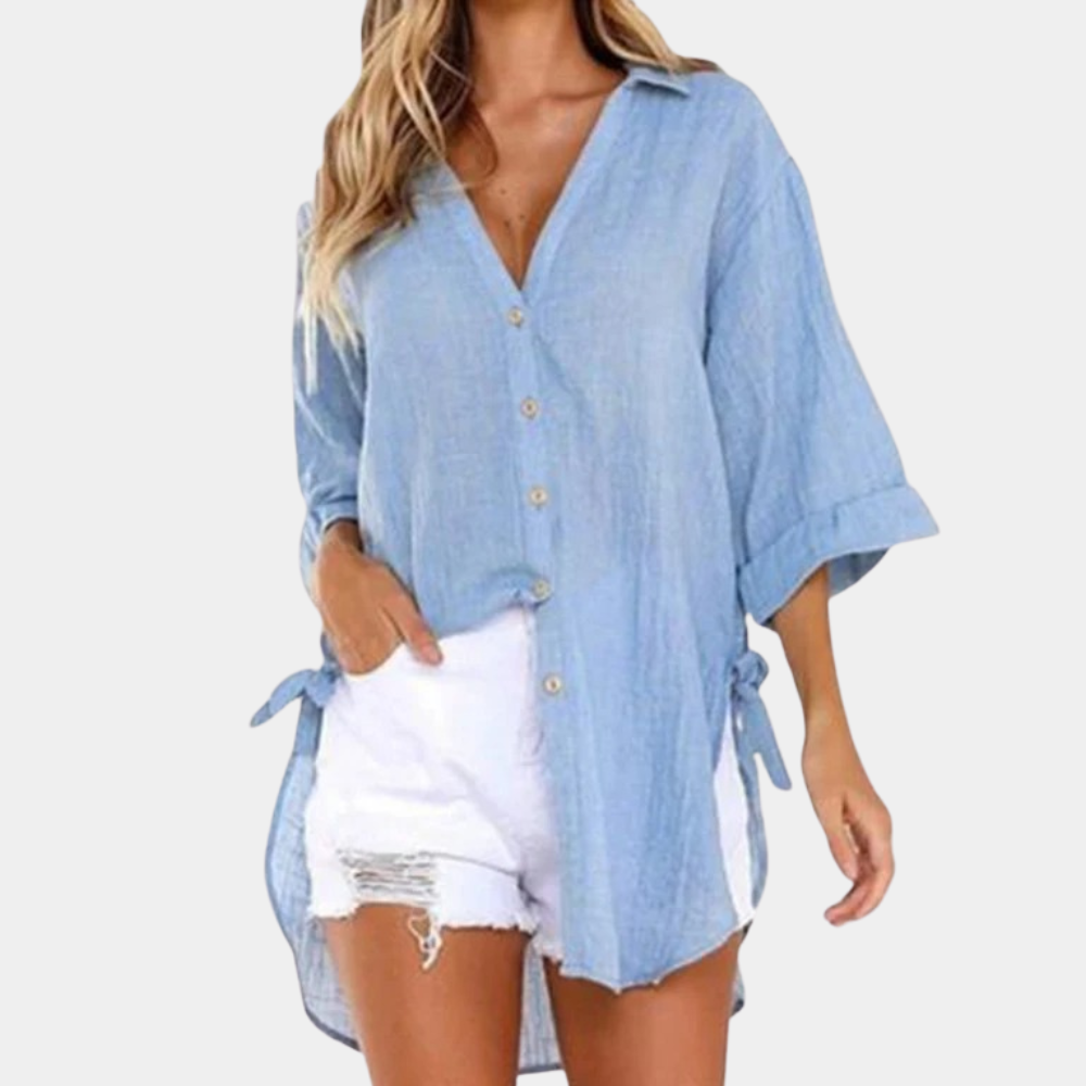 Women's Lightweight Cotton/Linen Oversized Button-Up Shirt - Relaxed Fit Blue