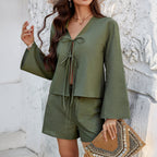 Women's Cotton Linen Two Piece Summer Set – Lightweight Tie-Front Blouse & Loose Casual Shorts Outfit Green