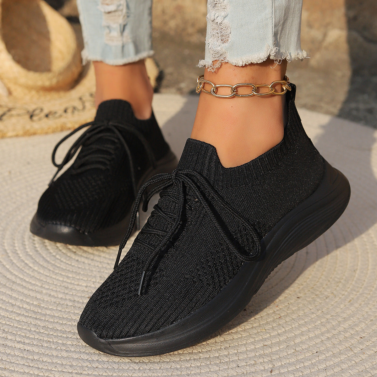 Women's Orthopaedic Lightweight Lace-Up Sports Shoes with Support Black