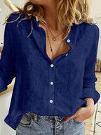 Women's Lightweight Linen Blend Long Sleeve Button-Up Shirt - Relaxed Fit Navy