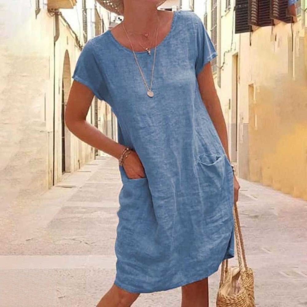 Women's Lightweight Linen Blend Shirt Dress - Relaxed Fit, Short Sleeve Blue