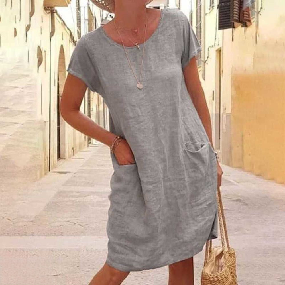 Women's Lightweight Linen Blend Shirt Dress - Relaxed Fit, Short Sleeve Grey